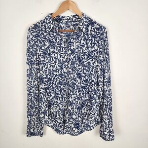 Lilly‎ Pulitzer Sea View Rayon Navy Blue Floral Button Shirt Women's Medium